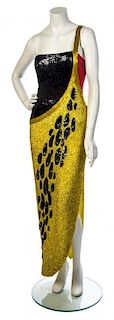 * A Bob Mackie Black, Yellow and Red Beaded Single Shoulder Gown, No size.
