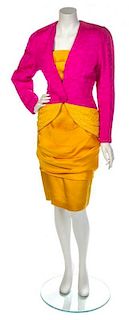 * A Bruce Oldfield Goldenrod and Fuschia Silk Cocktail Dress and Jacket, Jacket size 10, dress size 8.