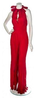 * A Bruce Oldfield Red Halter Jumpsuit and Wrap, No size.