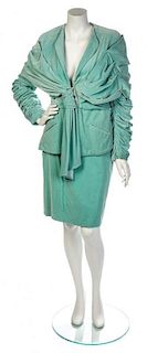 * A Bruce Oldfield Seafoam Green Velveteen Suit, Size 10.