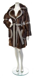 * A Carolina Herrera Brown Fur and Grey Flannel Trench Coat, Size M.