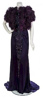 * A Carolina Herrera Purple Pleated Silk and Feather Evening Ensemble, Size 6.