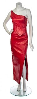 * A Christian Dior Red Leather Single Shoulder Gown, No size.
