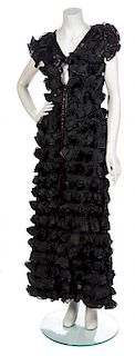 * A Courreges Black Satin Ruffle Gown, No size.
