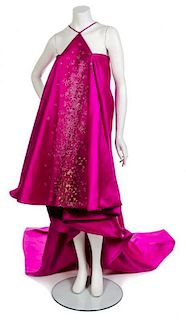 * A Fuchsia Satin Halter Gown, No size.