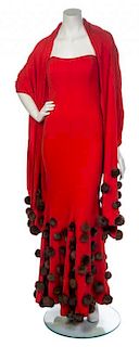 * A Donald Deal Red Knit Strapless Evening Gown, Size 8.