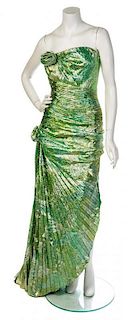 * An Emanuel Ungaro Green and Metallic Gold Evening Gown, Size 8.
