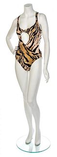 * An Emanuel Ungaro Pink and Brown Zebra Bathing Suit and Belted Trench Coat, No size.