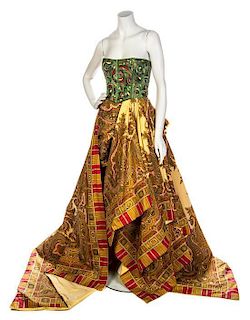 * A Gattinoni Multicolor Paisley Strapless Evening Gown, No size.