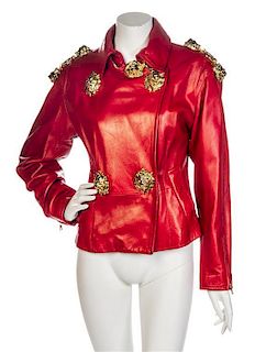 * A Gianfranco Ferre Red Leather Moto Jacket, Size 42.