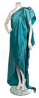 * A Halston Teal Blue Silk Single Shoulder Evening Gown, No size.