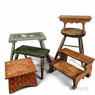 Five Paint-decorated Stools and a Set of Tiger Maple Bed Steps.