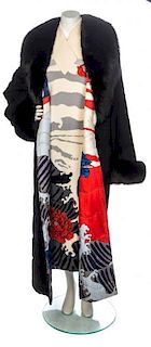 * A Hanae Mori Ivory Knit Dress and Black Coat Ensemble, Size 8.
