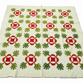 Three Green and Red Appliqued Cotton Floral Quilts