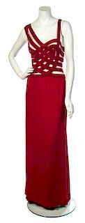 * An Herve Leger Red Basket Weave Knit Halter Gown, Size XL.