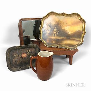 Cricket Stool, Shaving Mirror, Two Paint-decorated Trays, and a Pitcher.  Estimate $200-250