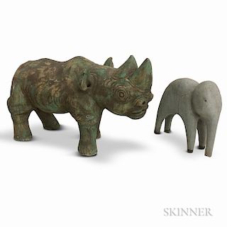 Carved and Painted Wood Rhinoceros and Elephant