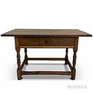 William and Mary Turned Maple and Pine Stretcher-base One-drawer Tavern Table