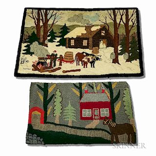 Two Hooked Rugs with Cabin Scenes