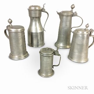 Five Continental Pewter Flagons