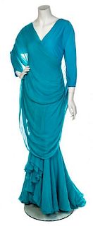 * A Jackie O Teal Silk Evening Gown, Size 10.