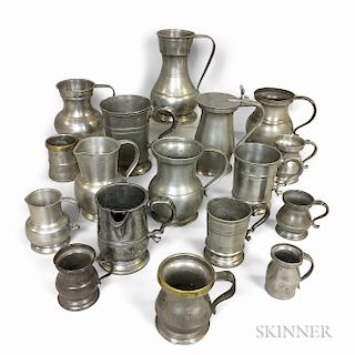 Seventeen Pewter Mugs, Measures, and Pitchers