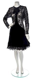 * A Jacqueline de Ribes Black Lace and Velvet Cocktail Dress, Dress size 42.