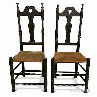 Pair of Black-painted Chairs with Heart Cutout Crests