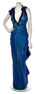 * A Jacqueline de Ribes Iridescent Blue Halter Gown, No size.
