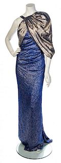 * A Jacqueline de Ribes Metallic Gold and Blue Halter Gown, No size.