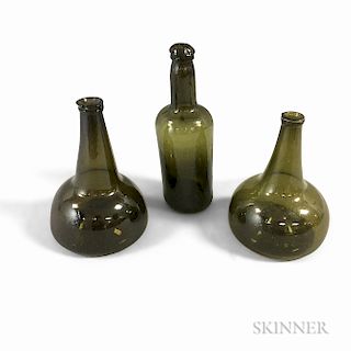 Three Early Olive Green Blown Glass Bottles