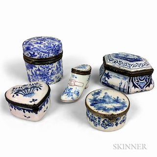 Five Blue and White Enameled and Ceramic Boxes