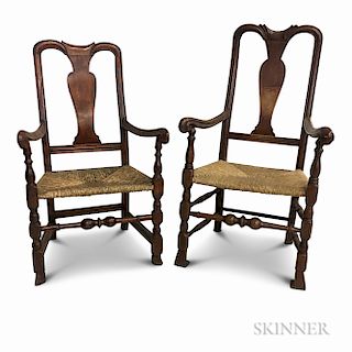 Two Queen Anne-style Carved Maple Spanish-foot Armchairs