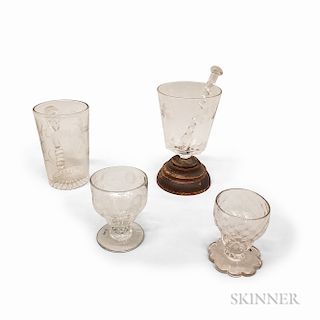 Etched Colorless Make-do Glass and Muddler, Two Salts, and a Mug.  Estimate $200-300