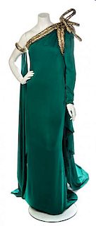 * A Jean-Louis Scherrer Green and Gold Single Shoulder Evening Gown, No size, boots size 7 and 9.