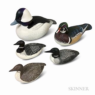 Four Josef "Buckeye Joe" Wooster Carved and Painted Wood Ducks and a Henry Haskell Loon