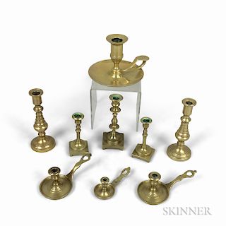 Eight Miniature Brass Candlesticks and Chambersticks