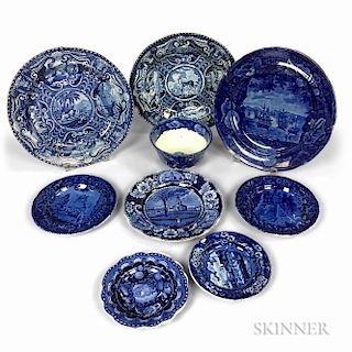 Nine Staffordshire Blue and White Transfer-decorated Ceramic Items