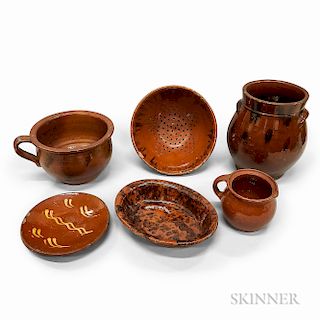 Six Glazed Redware Pottery Items