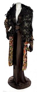 * A Brown Silk and Ostrich Feather Evening Ensemble, No size.
