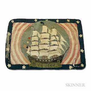 Pictorial Hooked Rug with the Ship Rebecca