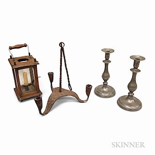 Wrought Iron Three-light Chandelier, a Pair of Pewter Candlesticks, and a Hanging Lantern