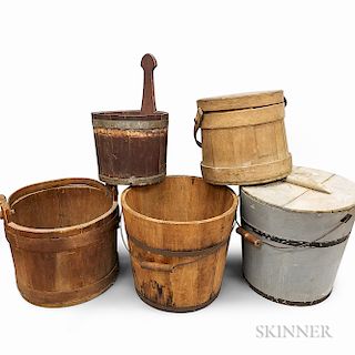Five Early Pine Stave-constructed Buckets