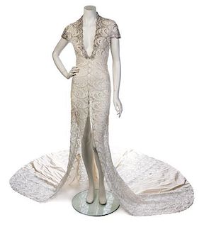 * A Lorenzo Riva Couture Ivory Lace Bridal Gown, No size.