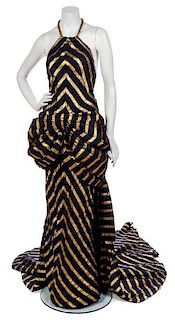 * A Navy and Gold Chevron Satin Gown, No size.