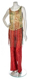 * A Mary McFadden Couture Coral Pleated Pant Ensemble, Size 8.