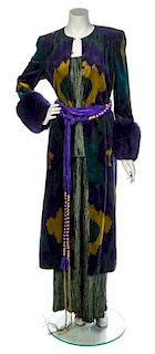 * A Mary McFadden Couture Green and Purple Ikat Coat Ensemble, Size 8.