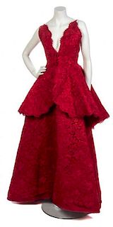 * A Nina Ricci Couture Red Corded Lace Evening Ensemble, No size.
