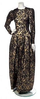 * An Oscar de la Renta Black and Gold Jacquard Gown, Size 10.