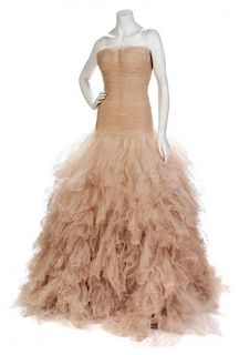 * An Oscar de la Renta Nude Silk Tulle Evening Gown, Size 6.